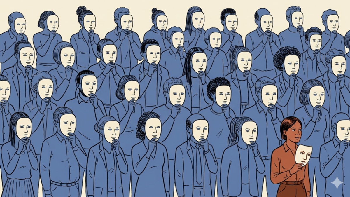 A crowd of identical figures raising identical masks; one figure lowers hers to reveal a real face — the Artificial Hivemind.