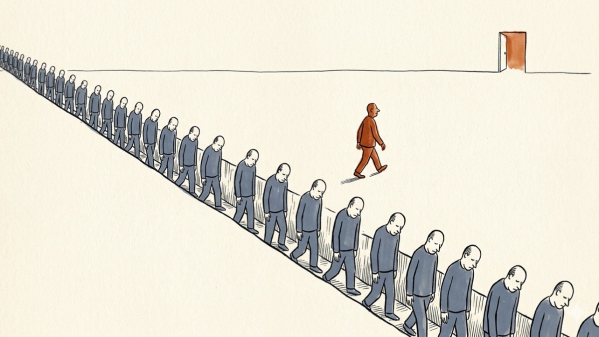 A line of identical figures trudges down a single groove; one figure steps sideways toward a small distant door — lateral thinking as the escape.