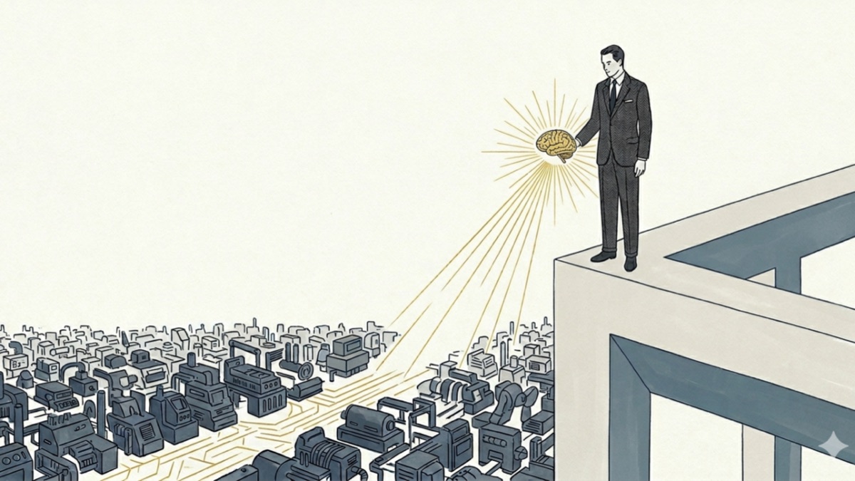 A figure in a suit stands above a landscape of AI machines, holding a small glowing brain — the visionary shift.